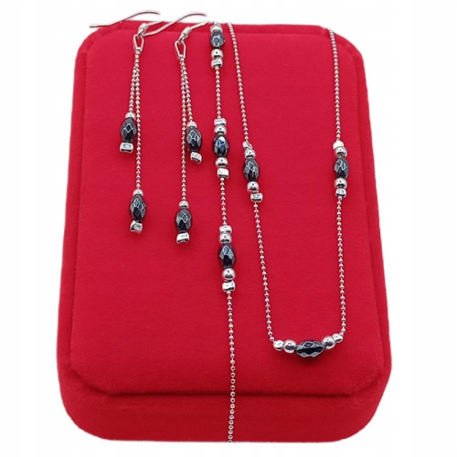 Srebrny komplet Grafitowy Szept – łańcuszek, kolczyki i bransoletka z hematytami, APHORA 925