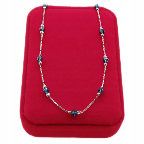 Łańcuszek srebrny 925 z niebieskimi szklanymi kulkami APHORA – 40+5 cm / 0,9mm