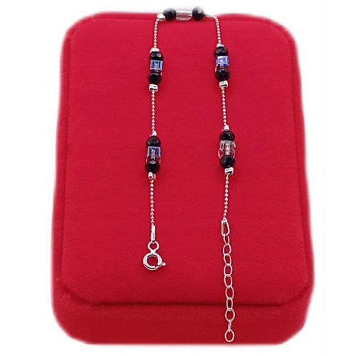 Srebrna Bransoletka 925 NA RĘKĘ czarne kulki zielone kryształki APHORA