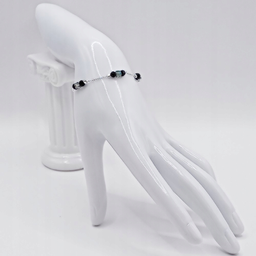 Srebrna Bransoletka 925 NA RĘKĘ czarne kulki zielone kryształki APHORA