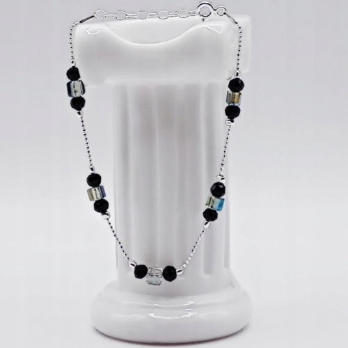 Srebrna Bransoletka 925 NA RĘKĘ czarne kulki zielone kryształki APHORA