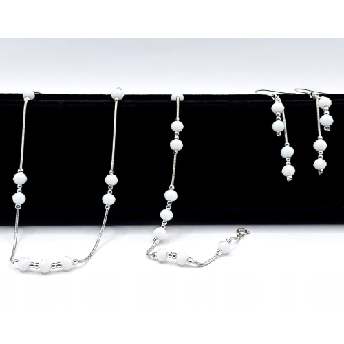 Srebrny Komplet 3w1 pr.925 BIŻUTERIA ŚLUBNA białe kulki / splot żmijka APHORA