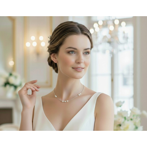 Łańcuszek srebrny 925 naszyjnik Ekskluzywny Ślub APHORA – 40 cm + regulacja / 6 mm Białe Kulki