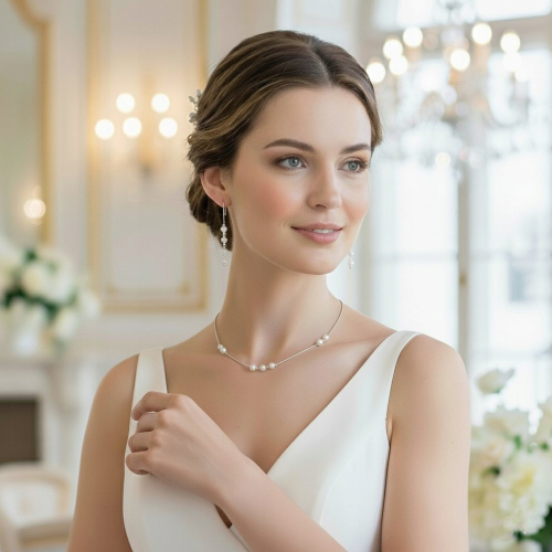 Łańcuszek srebrny 925 naszyjnik Ekskluzywny Ślub APHORA – 40 cm + regulacja / 6 mm Białe Kulki