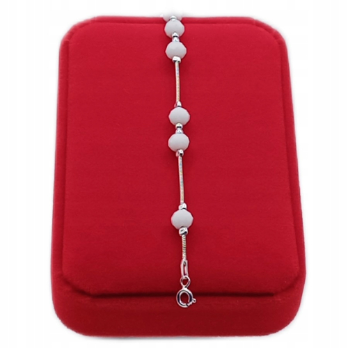 Srebrna bransoletka 925 Ślub 18cm + regulacja Białe Kulki 6mm APHORA