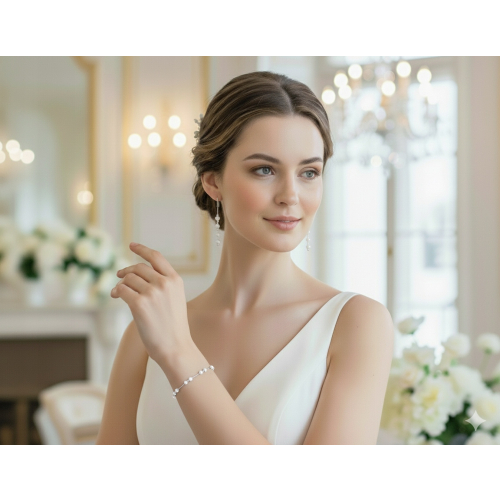 Srebrna bransoletka 925 Ślub 18cm + regulacja Białe Kulki 6mm APHORA