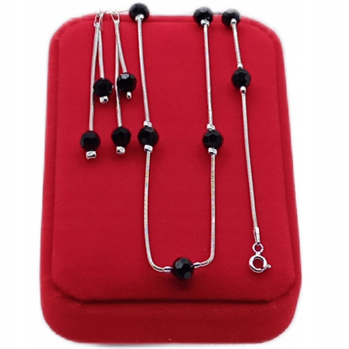 Srebrny Komplet 3w1 925 CZARNE KULKI splot żmijka APHORA