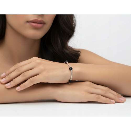 Srebrny Komplet 3w1 925 CZARNE KULKI splot żmijka APHORA