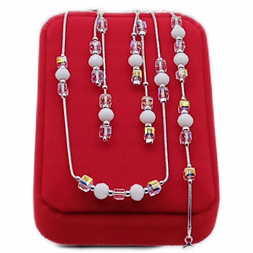 Srebrny komplet 925 Ślub kryształki, białe kulki, snake żmijka APHORA