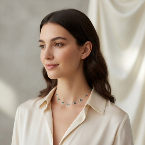 Srebrny łańcuszek damski 925 kulki niebieskie kryształki 40+5 cm, APHORA