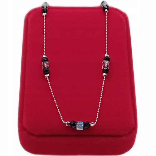 Srebrny łańcuszek 925 czarne kulki zielone kryształki 40+5 cm APHORA