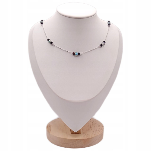Srebrny łańcuszek 925 czarne kulki zielone kryształki 40+5 cm APHORA