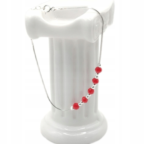 Srebrna bransoletka 925 żmijka 17+3 cm, czerwone kuleczki, damska, APHORA