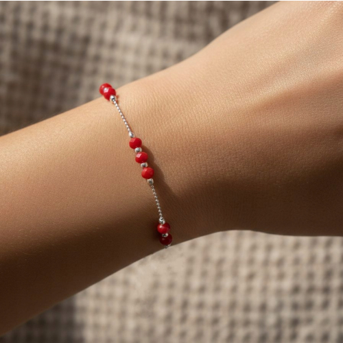 Srebrna bransoletka 925,17+ 3cm czerwone kulki, splot kulkowy, APHORA