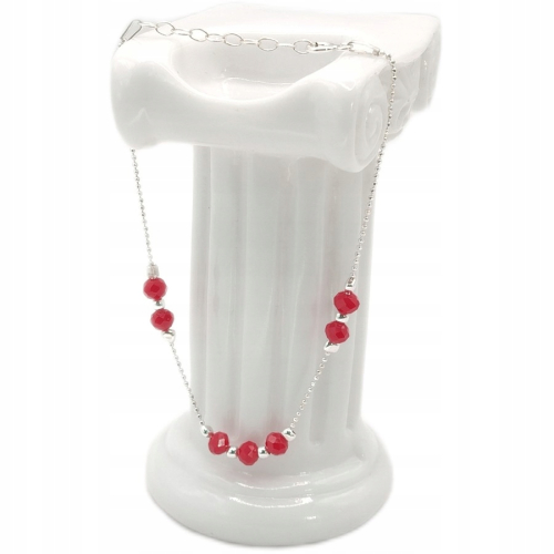 Srebrna bransoletka 925,17+ 3cm czerwone kulki, splot kulkowy, APHORA